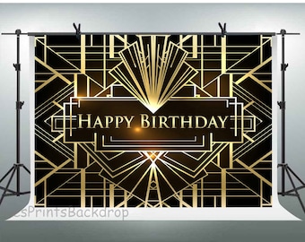Happy Birthday Backdrop, Handsome Man Irregular Black and Gold Stripe Photography Background, Retirement Photo Studio Booth Props