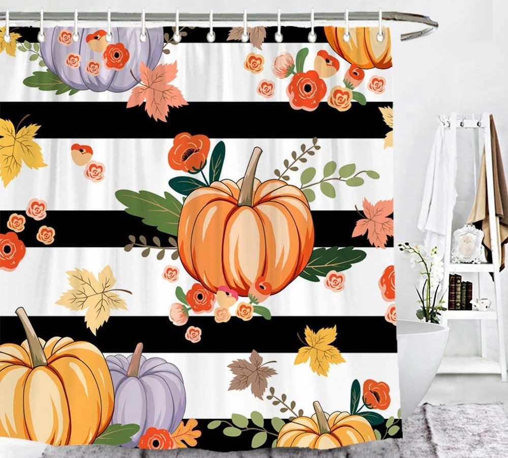 Fall Pumpkin & Maple Leaves Shower Curtain - Waterproof Autumn Bathroom Decor 72x72"