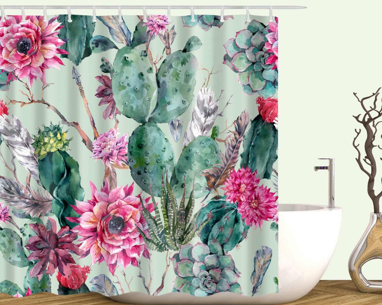 Floral Tropical Cactus Shower Curtain Cacti Succulent Plant Etsy