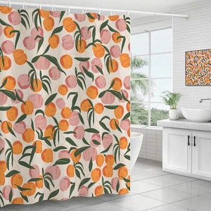 Peach Pattern Shower Curtain Waterproof Polyester Fabric,Home Bathroom Decor Hanging Curtain with Hooks,Size W*H