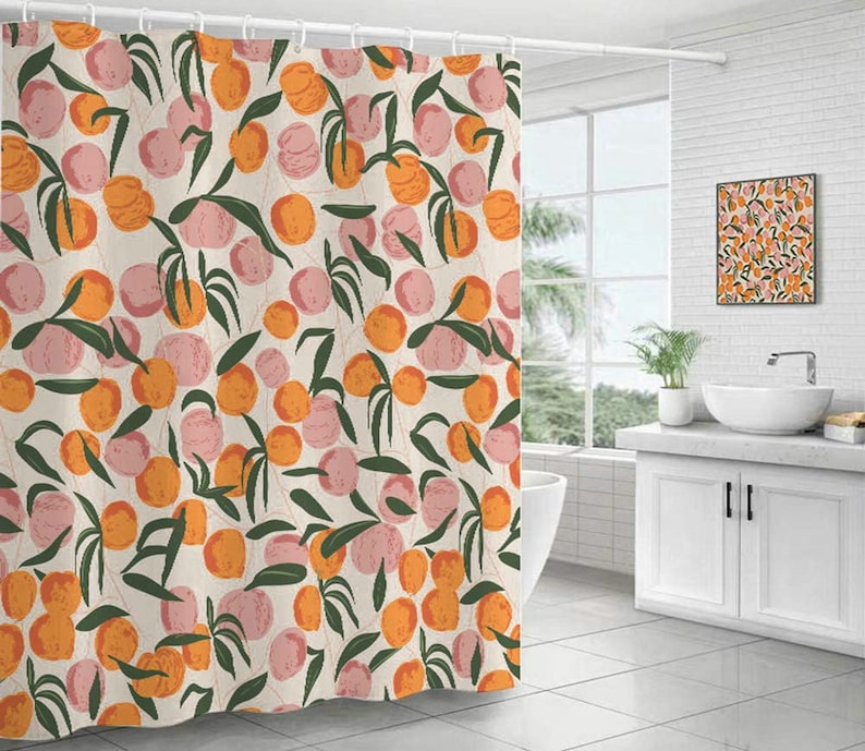 Summer Lemon Peach Shower Curtain Watercolor Fruit and Flower Etsy