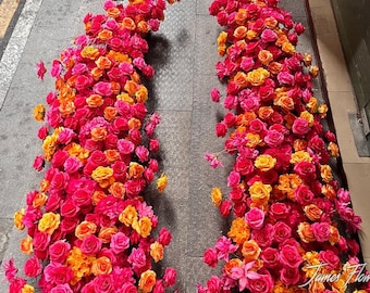 Hot Pink Orang Artificial Flower Wedding Arch, Ceremony Floral Arrangements, Bridal Shower Decor