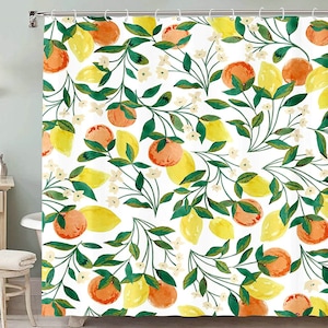 Summer Lemon Peach Shower Curtain, Watercolor Fruit and Flower Theme shower curtains Bathroom Decor,Size W*H