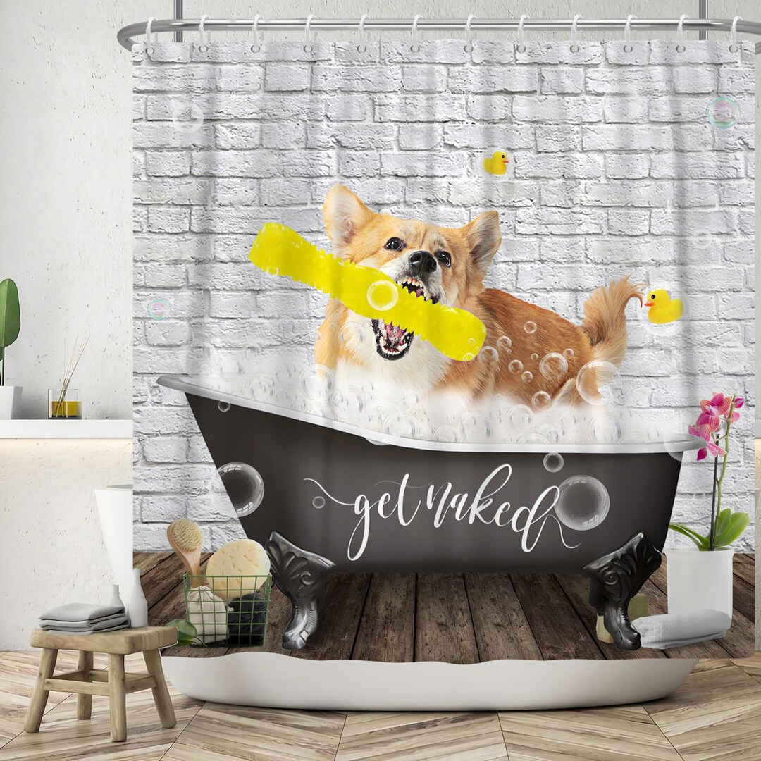 Funny Dog Shower Curtain Brick Wall Bathtub Waterproof Fabric Etsy