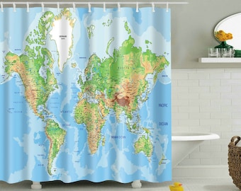 Ocean Map Shower Curtain, World Map Waterproof Fabric Bathroom Shower Curtains Sets with Hook Large Home Decor World Map Shower Curtain