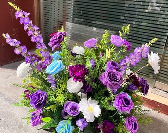 Dark Purple Blue Silk Floor Flower Arrangement, Elegant Wedding Aisle Floral Runner