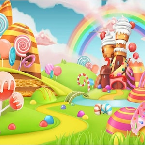 Sfondo fotografico "Dolce lecca-lecca Candy Land", Sfondi fotografici con lecca-lecca arcobaleno dei cartoni animati, Striscione per festa di compleanno di neonati