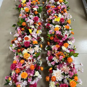 Hot Pink Orange Long Flower Row Runner,Wedding Aisle Runner Flowers,Ground Stair Florals,Faux Flower Garland,Bridal Shower Floral Arch Decor