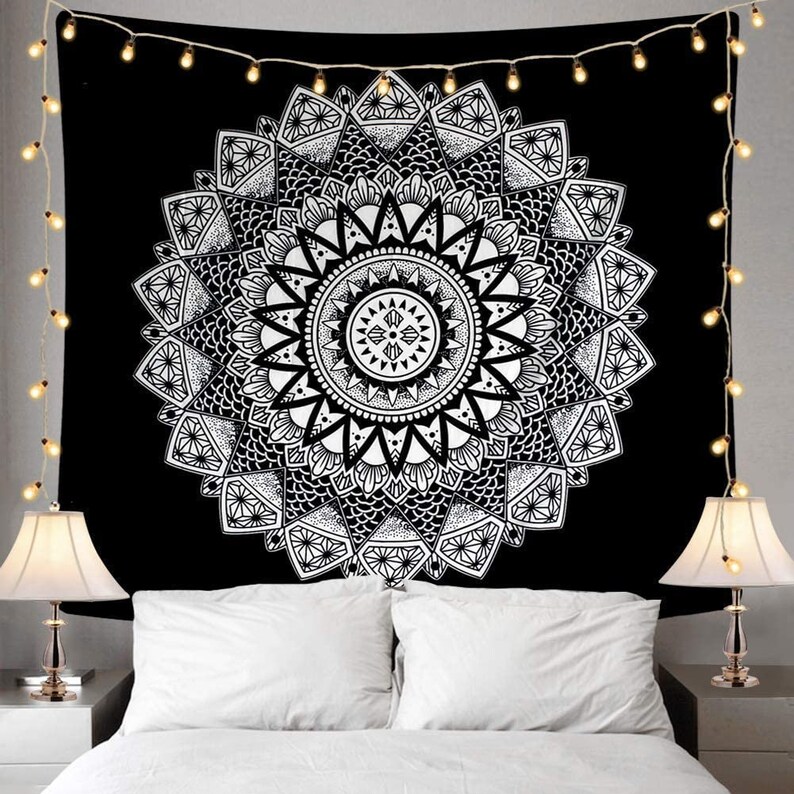 Black and White Tapestry Mandala Tapestry Bohemian Flower Wall Etsy