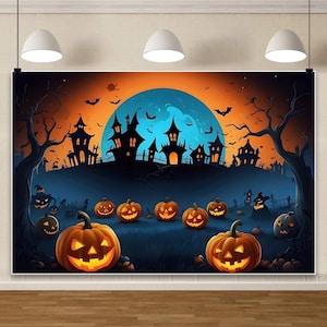 Halloween Backdrop Spooky Castle Moon Night Pumpkin Lantern Backdrop,Horror Scary Photography Backgrounds Photoshoot Decor Props Decor W*H