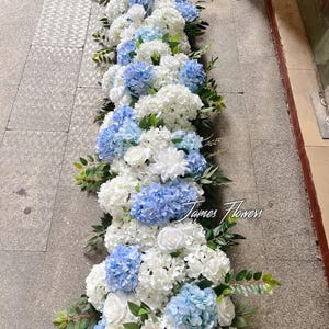 White & Light Blue Hydrangea Garland: Wedding Table Flower Runner