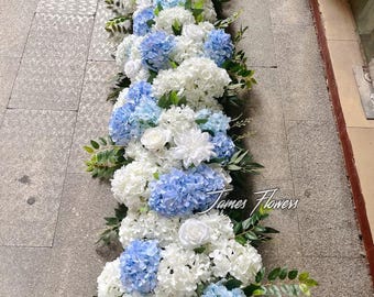 White & Light Blue Hydrangea Garland: Wedding Table Flower Runner