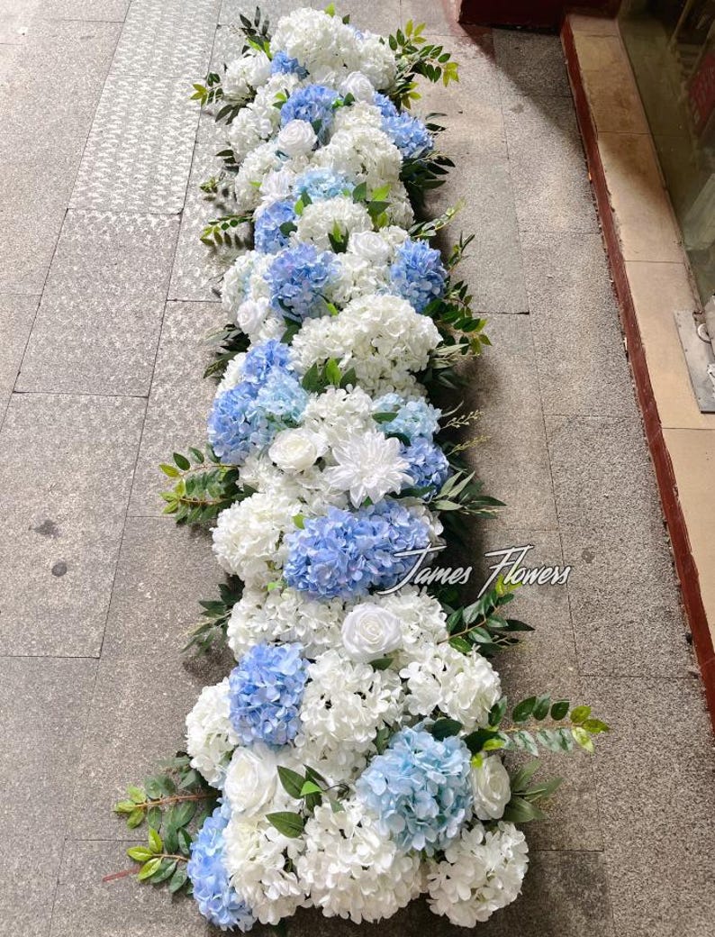Blue & White Hydrangea Rose Flower Garland: Wedding Table Flower Runner ...