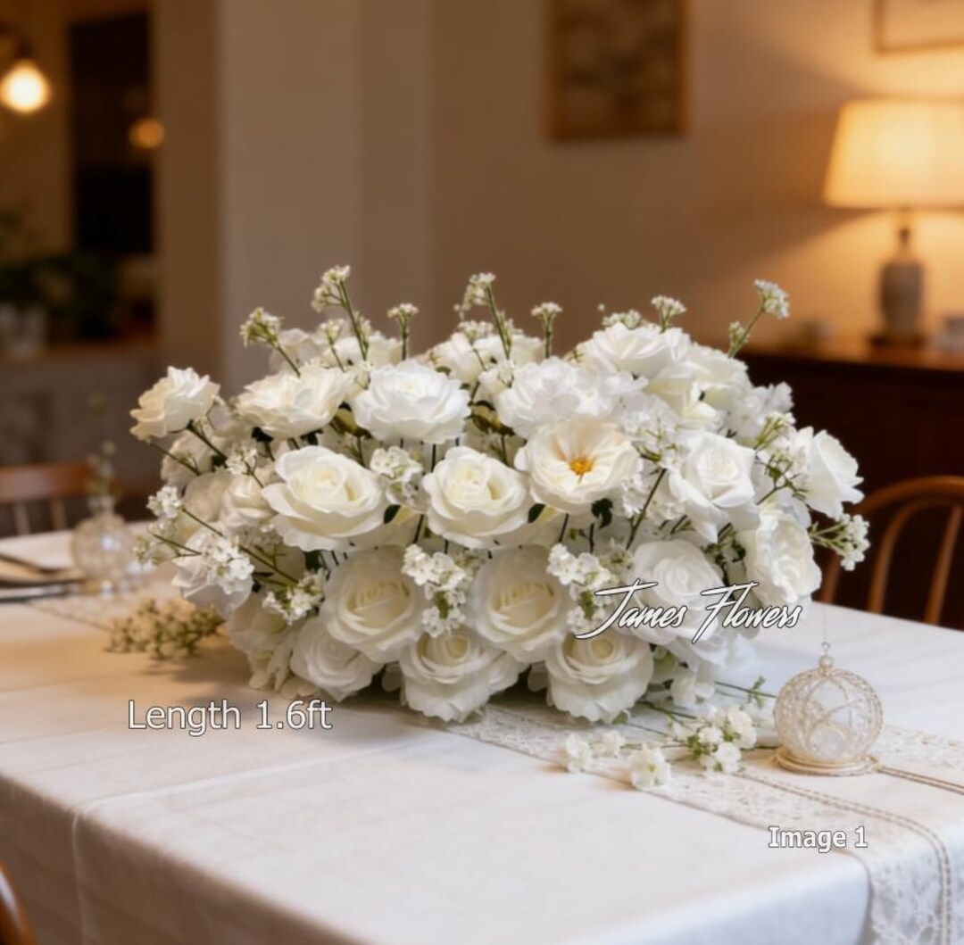 White Rose Table Flower Runner, Artificial Wedding Floral Arrangements ...