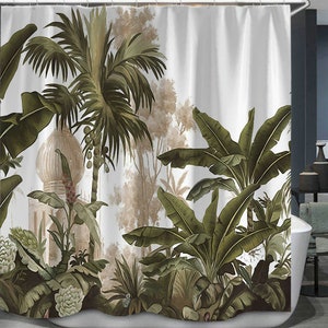 Custom Watercolor Tropical Plants Decor Jungle Green Banana Leaves Shower Curtain, Polyester Fabric Bathroom Curtain Set with Hooks