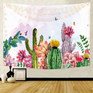 Bohemian Meadow Watercolor Saguaro Wall Tapestry, Beautiful Cactus Flowers Wall Hanging Bedding Tropical Landscape Succulent Plant Tapestry
