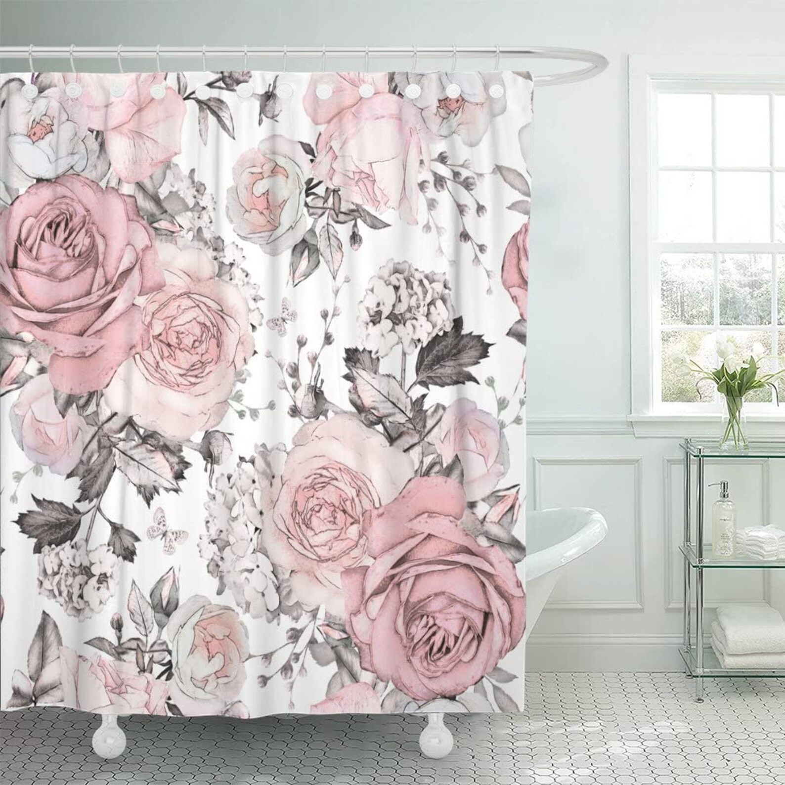 Shower Curtain Pink Grey Flowers and Grey Leaves on Watercolor Etsy