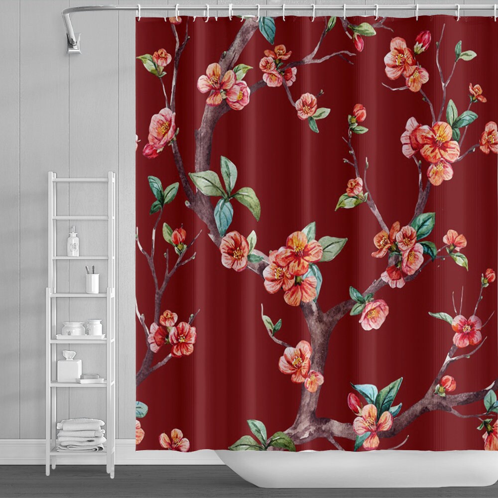 Floral Shower Curtain, Red Gray Brown Beige, Dahlia Flower Burst Bath  Curtain, Chrysanthemum Bathroom Décor, Designed by Artist 