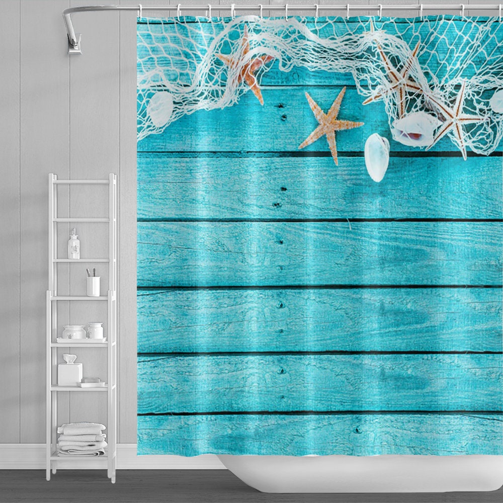 Beach Shower Curtain, Starfish and Seashells Beach Themed Shower