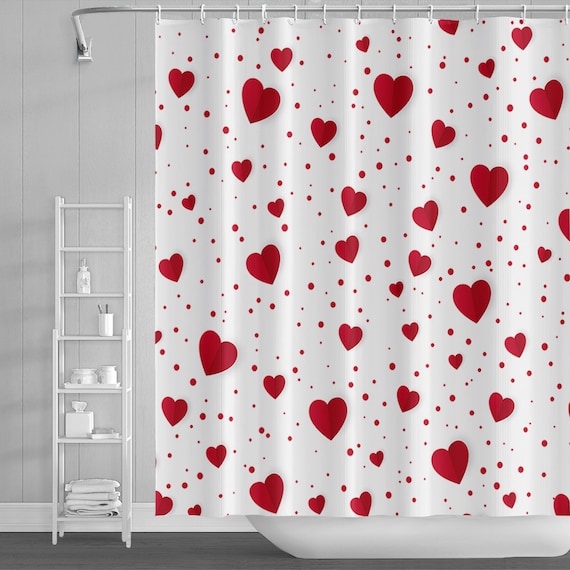 Heart Shower Curtain Valentine's Day Romantic Red Love Heart Dots Shower  Curtain for Girl Woman Polyester Bathroom Decor With Hooks 