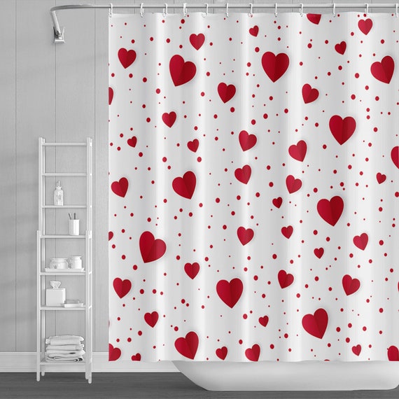 Heart Shower Curtain Valentine's Day Romantic Red Love Heart Dots Shower  Curtain for Girl Woman Polyester Bathroom Decor With Hooks 