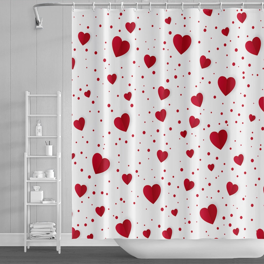 Happy Valentine's Day Love Red Hearts Shower Curtain Set & Hooks Bathroom Decor 