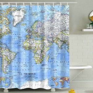 Ocean Map Duschvorhang, Weltkarte wasserdichter Stoff Badezimmer Duschvorhang-Set, großer Wohnkultur Weltkarte Duschvorhang ， Größe B * H