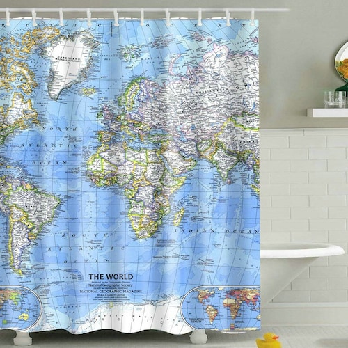 Ocean Map Shower Curtain World Map Waterproof Fabric Bathroom Etsy