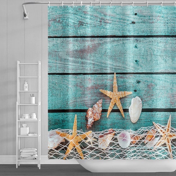 Beach Shower Curtain Starfish and Seashells Beach Themed Shower