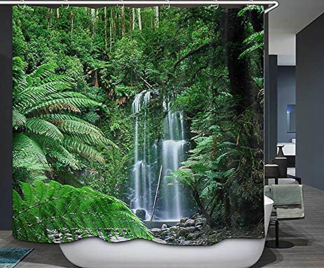 Rainforest Shower Curtain,tropical Green Leaves Great Waterfall