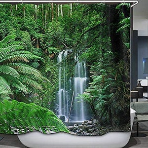 Rainforest Shower Curtain,Tropical Green Leaves Great Waterfall Australian Daintree Rainforest Shower Curtain Forest Scenery Shower Curtain