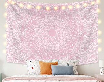 Baby Pink Mandala Tapestry Bohemian Tapestries Hippie Floral Medallion Tapestry for Bedroom Psychedelic Tapestry Wall hanging wallpaper