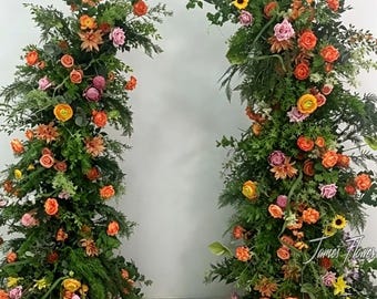 Orange Purple Artificial Flower Column Pillar, Wedding Ceremony Standing Floral Arrangement
