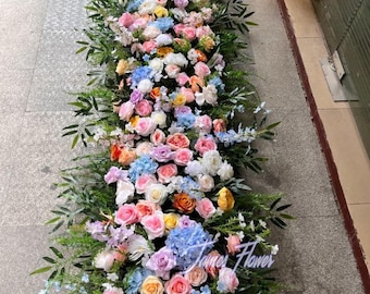 Multicolor Rose with Greenery Artificial Flower Runner, Wedding Aisle Centerpiece