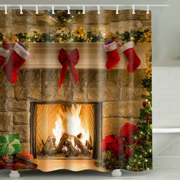 Christmas Shower Curtain Red Etsy