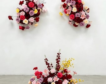 Burgundy Pink Yellow Arch Floral set, Wedding Artificial Flower Decor