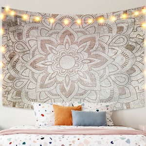 Lotus on Gray Background Large Boho Indian Wall Hanging Lotus Mandala Tapestry, Pure Cotton Handcrafted Bedspread Table Cloth, Dorm Hippie