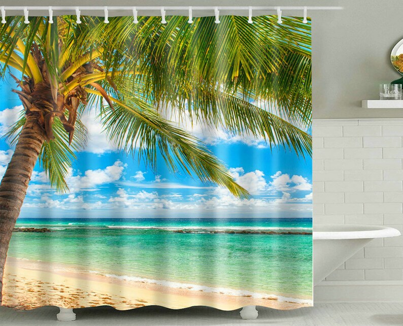 Sunset Hawaiian Shower Curtain Beach Tropical Palm Tree Ocean Etsy