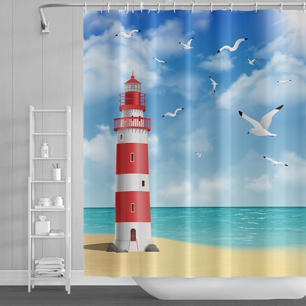 Lighthouse Shower Curtain Ocean Beach Seagull Blue Sky White