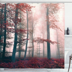 Forest Shower Curtain, Mystical Fantasy Woodland Fog Tall Trees Bushes Shower Curtain, Cloth Fabric Bathroom Decor with Hooks WH image 4