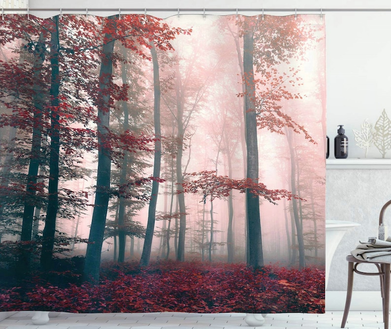 Forest Shower Curtain, Mystical Fantasy Woodland Fog Tall Trees Bushes Shower Curtain, Cloth Fabric Bathroom Decor with Hooks WH image 4