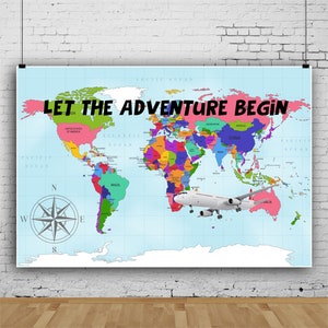 Reisthema Wereldkaart Fotografie-achtergrond, laat het avontuur beginnen Wereldreizen Afstuderen Babyshower Feestdecoraties Banner