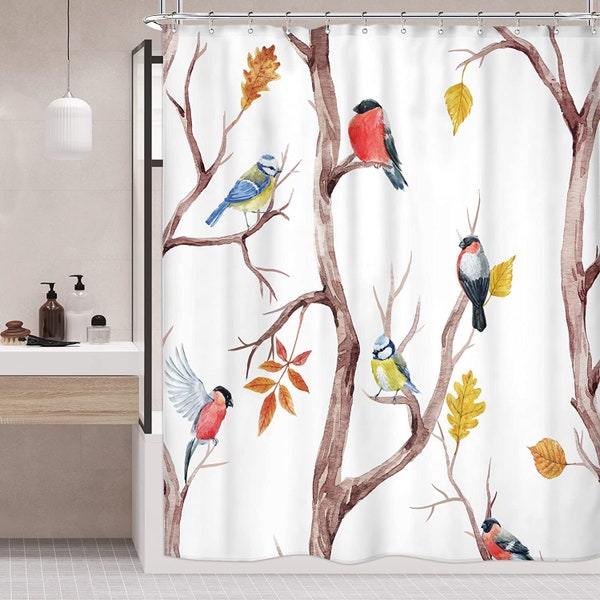 Birds Shower Curtain Watercolor Spring Tree Branch Cute Lovely Classy Twig Oil Painting Herbs Decor Fabric Set Polyester Waterproof,Size W*H