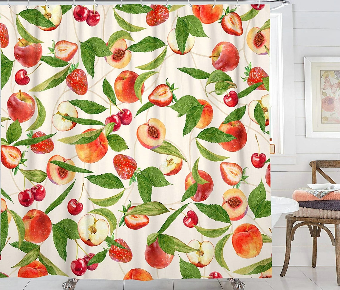 Summer Lemon Peach Shower Curtain Watercolor Fruit and Flower Etsy