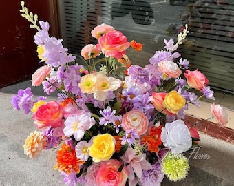 Artificial Purple Pink Flower Arrangement, Faux Wedding Aisle Floral Runner