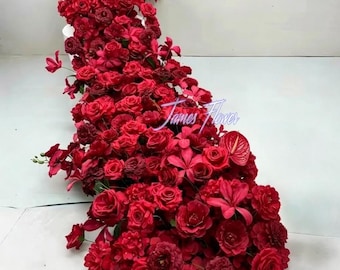 Floor Draped Red Artificial Flower Runner, Silk Rose Wedding Floral Centerpiece