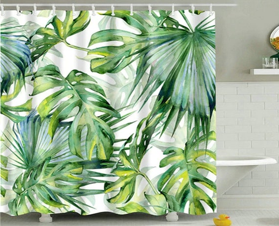 Tropical Leaf Shower Curtain,green Palm Fabric Bathroom Curtain