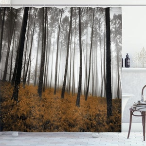 Forest Shower Curtain, Mystical Fantasy Woodland Fog Tall Trees Bushes Shower Curtain, Cloth Fabric Bathroom Decor with Hooks W*H