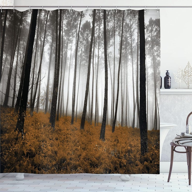 Forest Shower Curtain, Mystical Fantasy Woodland Fog Tall Trees Bushes Shower Curtain, Cloth Fabric Bathroom Decor with Hooks WH image 1