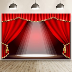 Vinyl Theater Stage Photography Backdrop, Stage Lights Red Curtains Wooden Celebration Backdrop, Kids Adults Portraits Props